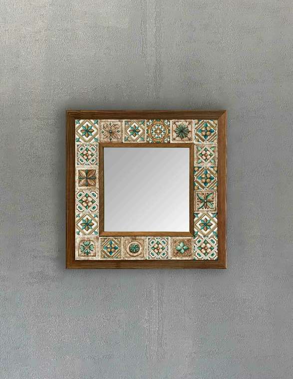 Настенное зеркало 33x33 с каменной мозаикой бежево-зеленого цвета