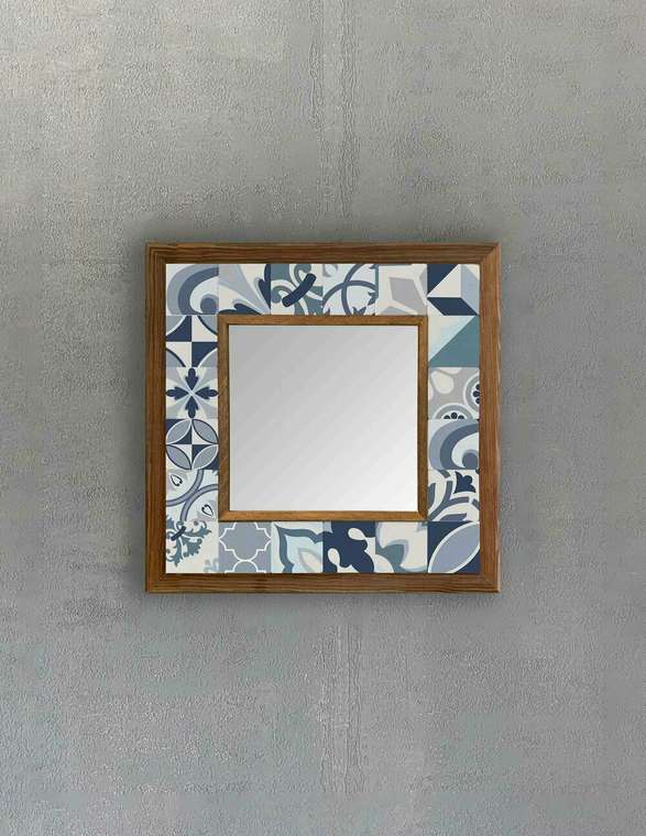 Настенное зеркало с каменной мозаикой 33x33 сине-белого цвета 