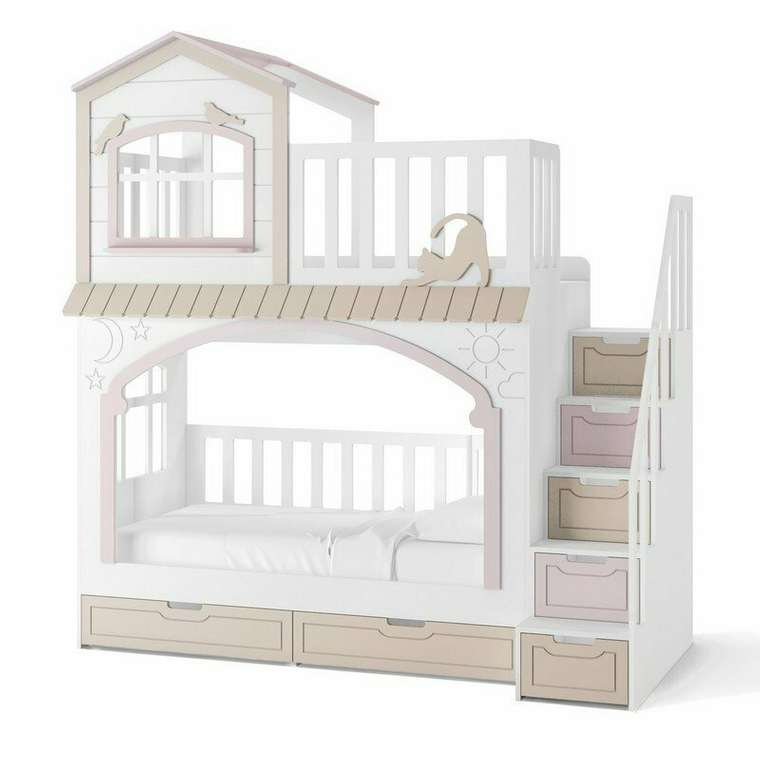 Кровать Кошкин дом 90х180 бело-розового цвета с лестницей справа