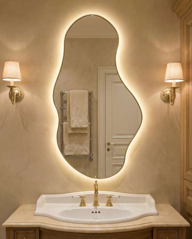 Настенное зеркало Lake в раме золотого цвета с подсветкой