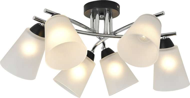 Люстра потолочная накладная с матовым плафоном Escada Lavatera 2132/6P 6х60Вт E27, металл/стекло, хром/черный, матовый плафон