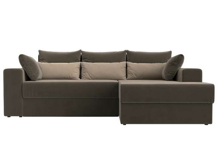 Угловой диван-кровать Майами коричневого цвета с бежевыми подушками правый угол