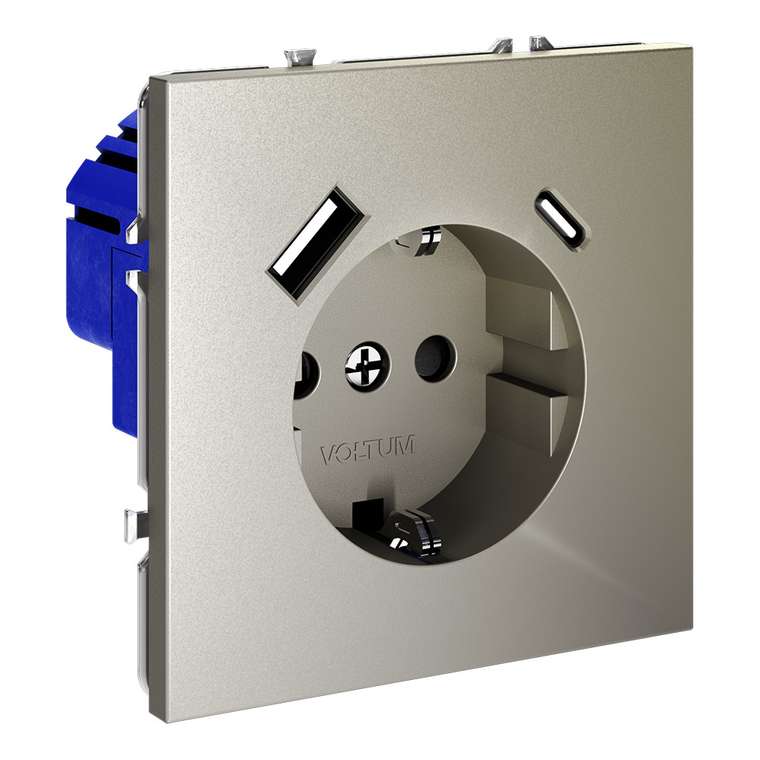 Розетка встраиваемая VOLTUM S70 с заземлением и защитными шторками, 16А, с USB, A+С, (шелк)