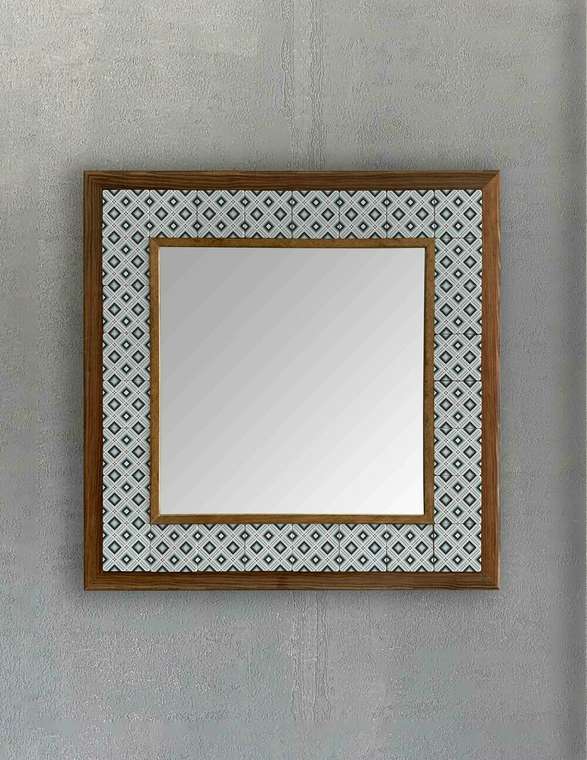 Настенное зеркало 43x43 с каменной мозаикой бело-серого цвета