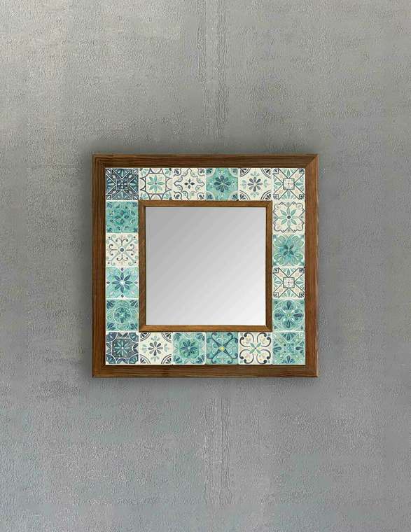 Настенное зеркало 33х33 с каменной мозаикой бело-бирюзового цвета