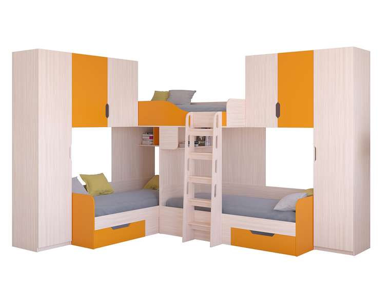 Двухъярусная кровать Трио 3 80х190 цвета Дуб молочный-оранжевый
