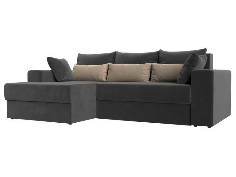 Угловой диван-кровать Майами серого цвета с бежевыми подушками левый угол