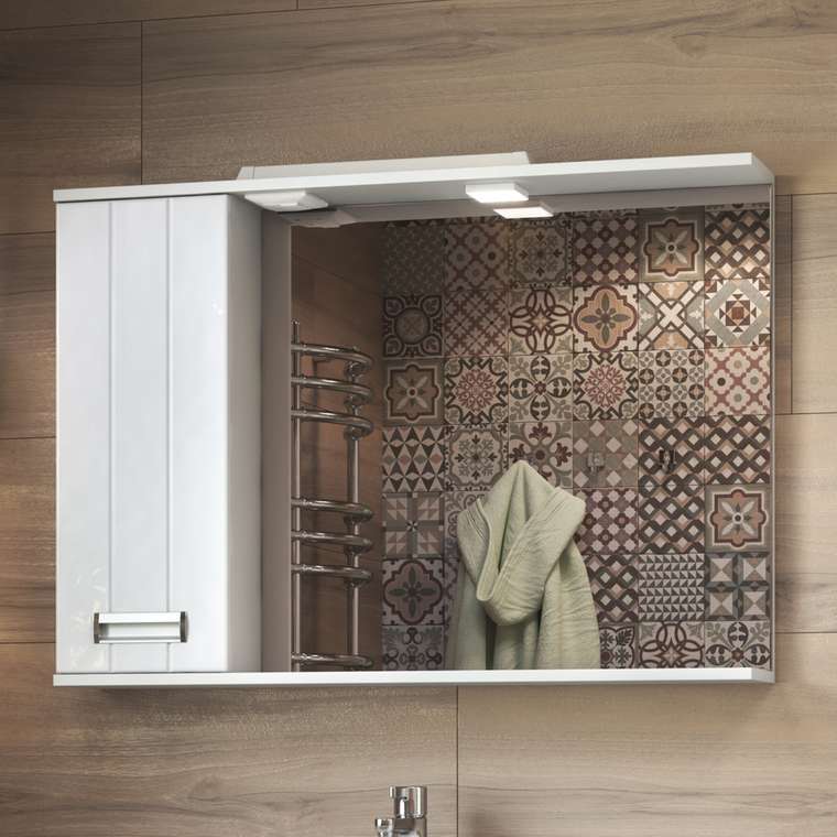 Шкаф навесной с зеркалом Диана белого цвета левый со спотом