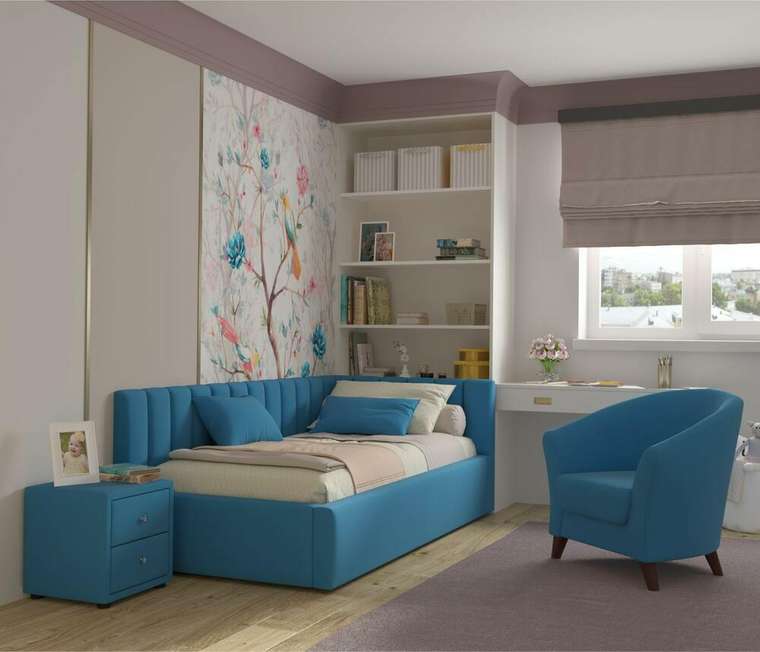 Кровать Milena 90х200 синего цвета с подъемным механизмом и матрасом