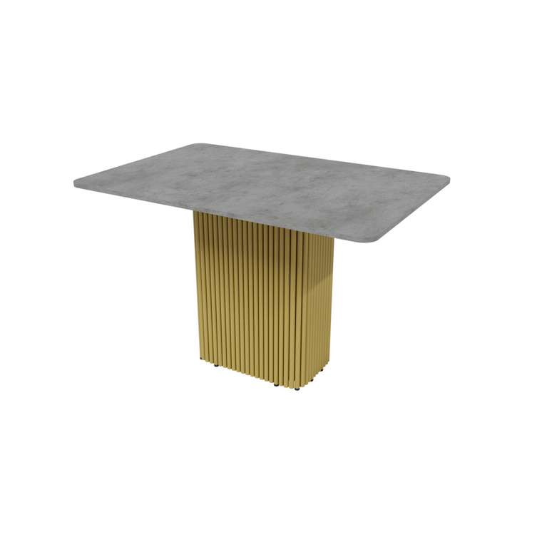 Раздвижной обеденный стол прямоугольный Trubis R Max 120 с металлическим золотым подстольем и столешницей цвета бетон