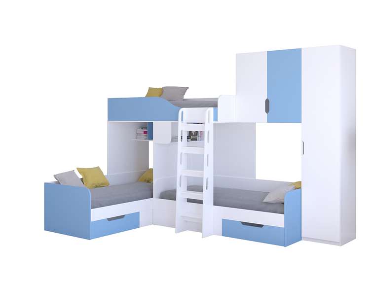 Двухъярусная кровать Трио 2 80х190 бело-голубого цвета