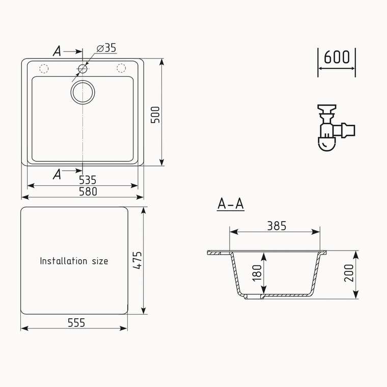 Кухонная мойка квадратная Ulgran Quartz Forte 580-04 платинового цвета