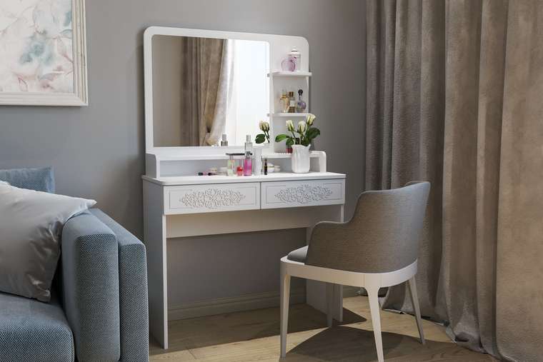 Туалетный столик Ассоль Лайт белого цвета с зеркалом и полками