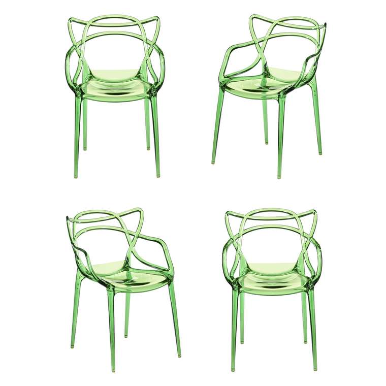 Набор из четырех стульев зеленого цвета с подлокотниками