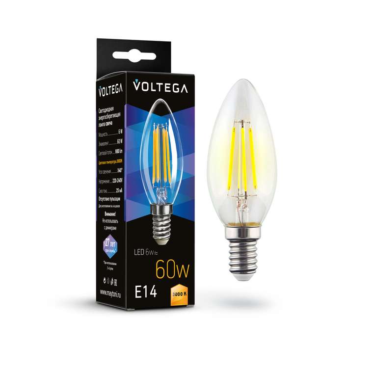 Лампочка Voltega 7198 Candle 6W Crystal