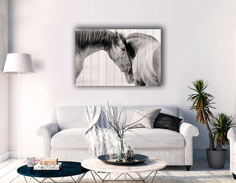 Картина на дереве Две лошади в черно-белом цвете