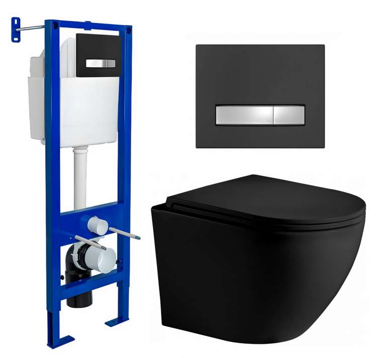 Комплект 3 в 1 инсталляция Berges Atom Line 410 + Унитаз подвесной Weltwasser WW Merzbach 043 MT-BL + кнопка черная, хром