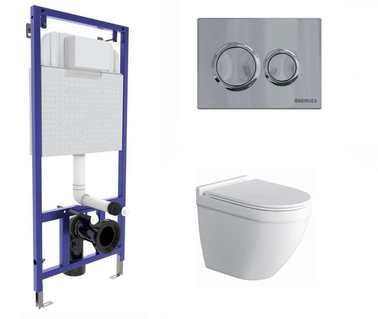 Комплект 3 в 1 инсталляция Berges Novum O3 + Унитаз подвесной Owl 1975 Cirkel-H с кнопкой глянцевой хром