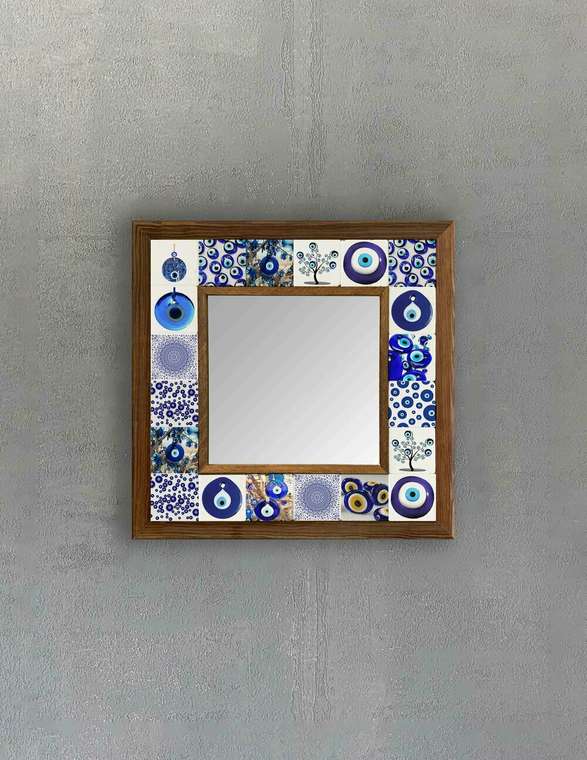 Настенное зеркало с каменной мозаикой 33x33 бело-синего цвета 