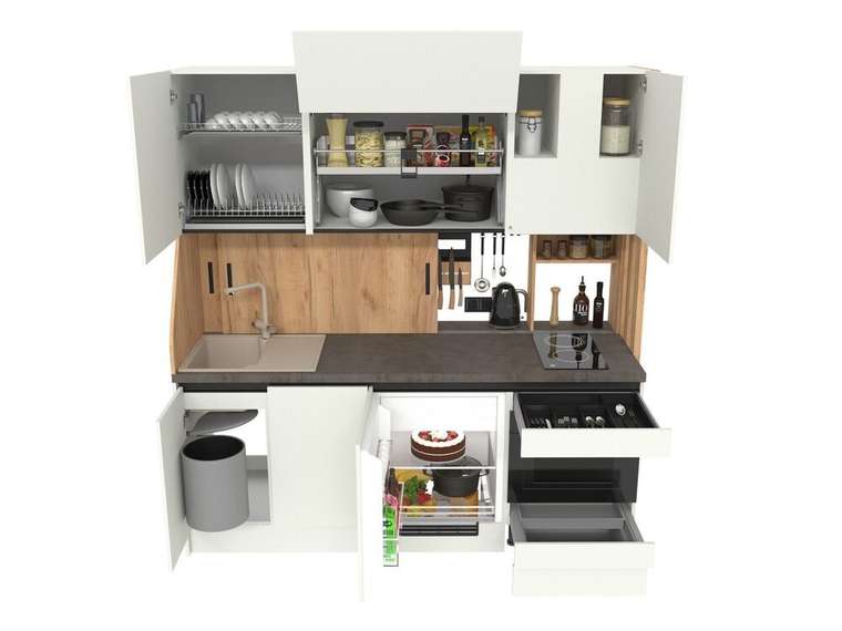 Кухня прямая со сдвижным фартуком и выдвижной полкой Секрет КП3214.2 серо-бежевого цвета левая