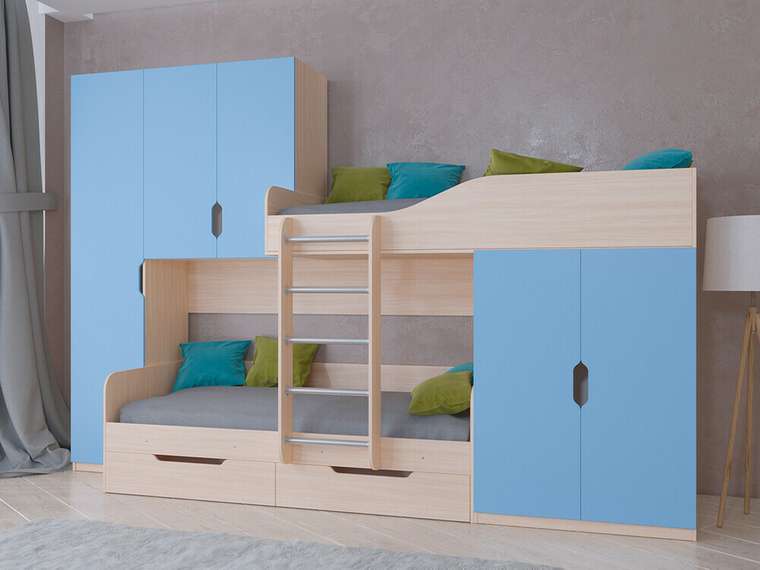 Двухъярусная кровать Лео 80х190 цвета Дуб молочный-голубой