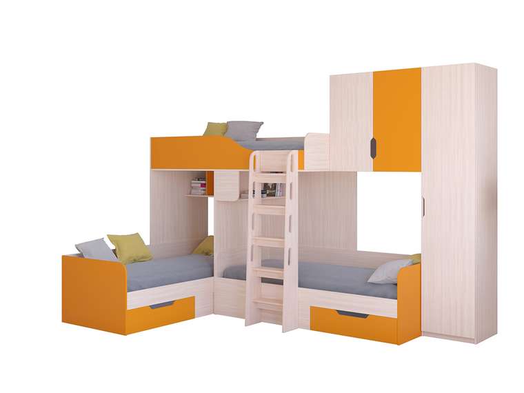 Двухъярусная кровать Трио 2 80х190 цвета Дуб молочный-оранжевый