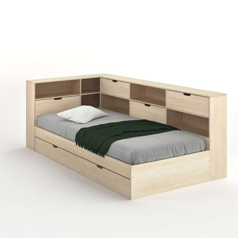 Кровать с ящиком отделениями для вещей и кроватным основанием Yann 90x190 бежевого цвета