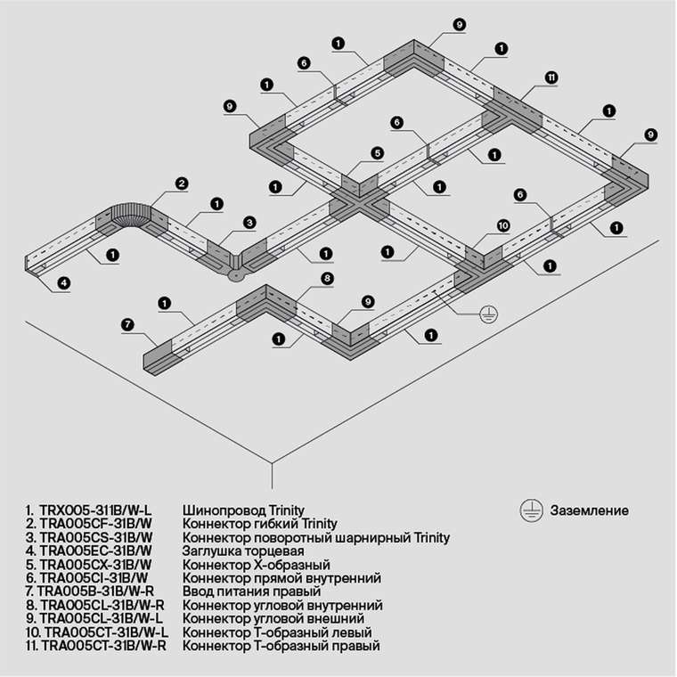 Комплектующие для накладной трековой системы Technical TRA005CX-31B Accessories for tracks Trinity Трехфазная трековая система TRINITY