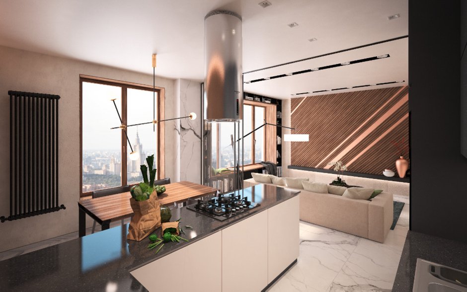 Фотография: Кухня и столовая в стиле Современный, Квартира, Проект дня, Москва, Серый, Коричневый, Ольга Погорелова, Монолитный дом, 3 комнаты, Более 90 метров – фото на INMYROOM