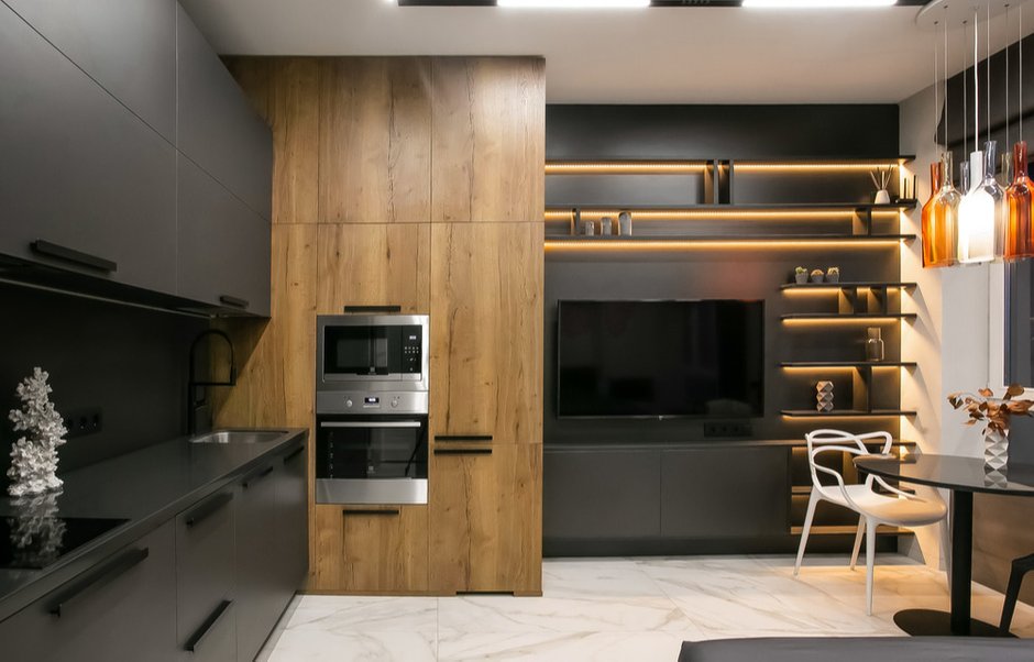 Фотография:  в стиле , Квартира, Студия, Интерьер комнат, Дизайн интерьера, Переделка, как визуально увеличить высоту потолков, интерьер студии, как визуально увеличить площадь малогабаритки, дизайн квартиры студии, квартира-студия, до 40 метров, Виталий Мясников, Как сделать маленькую квартиру визуально больше, дверь в цвет стены – фото на INMYROOM