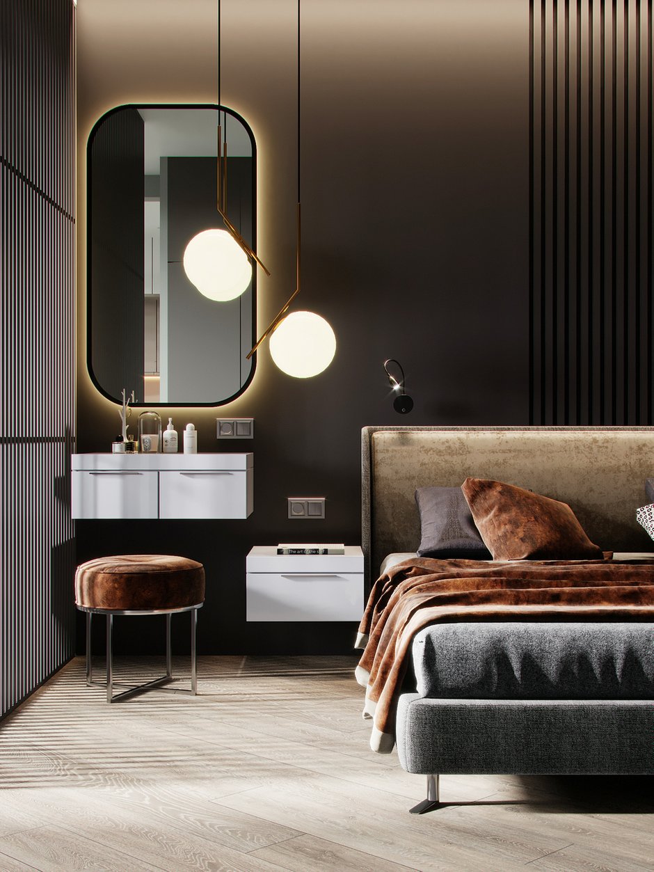 Фотография: Спальня в стиле Современный, Кухня и столовая, Гостиная, Квартира, Miele, Проект дня, Перепланировка, Москва, Серый, Эко, 1 комната, 40-60 метров, Руслан Просвирин, PROSVIRIN DESIGN STUDIO, реечная перегородка в спальне, перегородка-стеллаж, Анна Просвирина – фото на INMYROOM