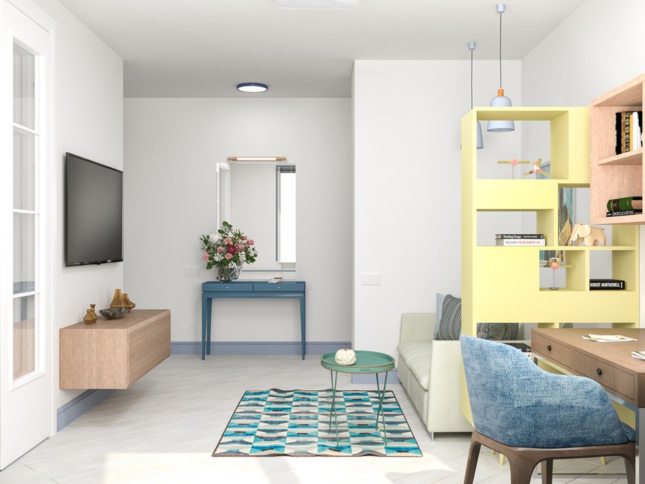 Фотография: Гостиная в стиле Скандинавский, Квартира, Студия, Проект недели, Москва, Ирина Кривцова, Сталинка, Кирпичный дом, до 40 метров – фото на INMYROOM