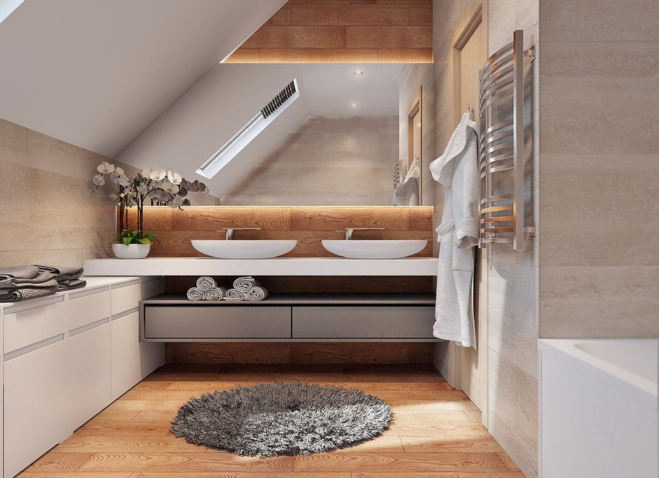 Фотография: Ванная в стиле Современный, Дом, Проект недели, Дом и дача, мансарда в загородном доме, Самара, Ольга Агапонова, Artek Design Studio, ванная комната в мансарде, деревянная лестница, гардеробная с окном – фото на INMYROOM