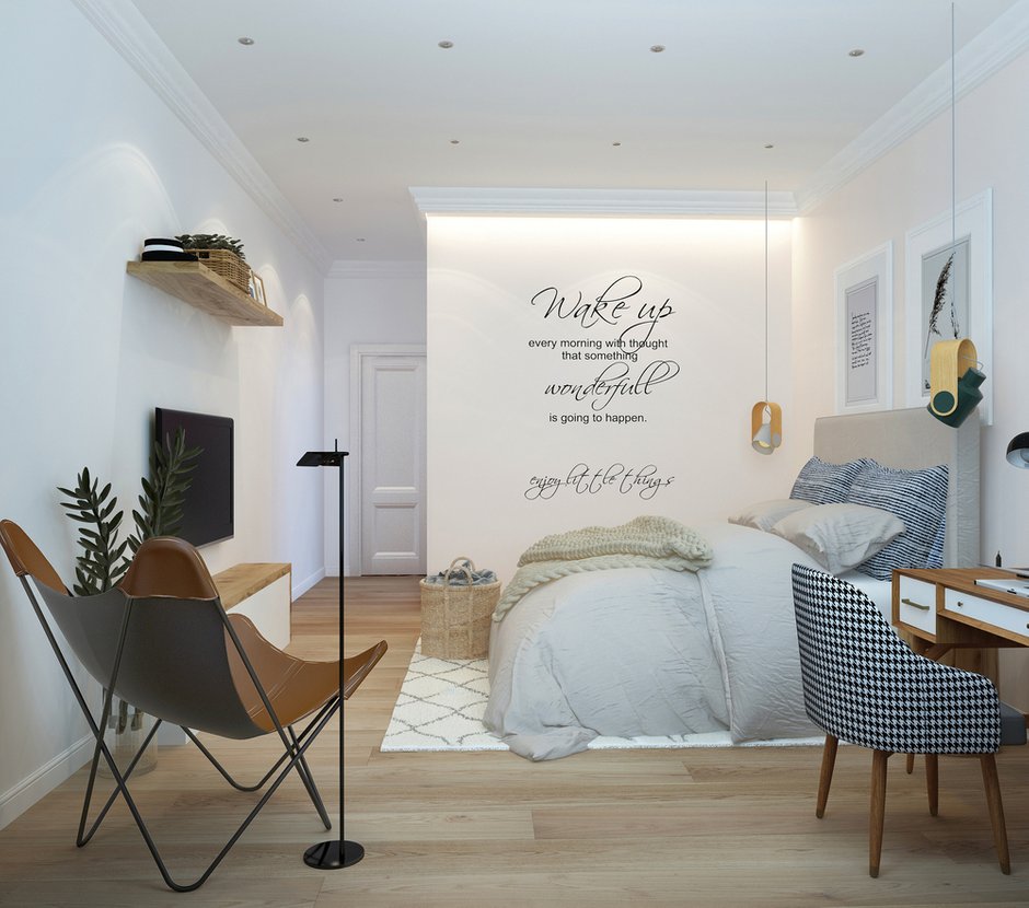 Фотография: Спальня в стиле Современный, Скандинавский, Квартира, Проект дня, Москва, Монолитный дом, 3 комнаты, Более 90 метров, Юлия Кандыбей, ЖК «Дом на Мосфильмовской» – фото на INMYROOM