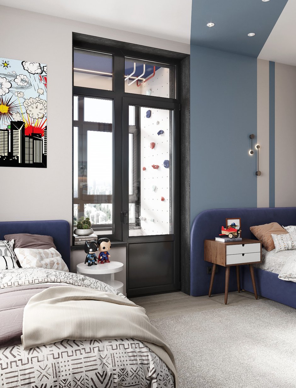 Комнату украсили декоративной покраской полосами на стенах и потолке.