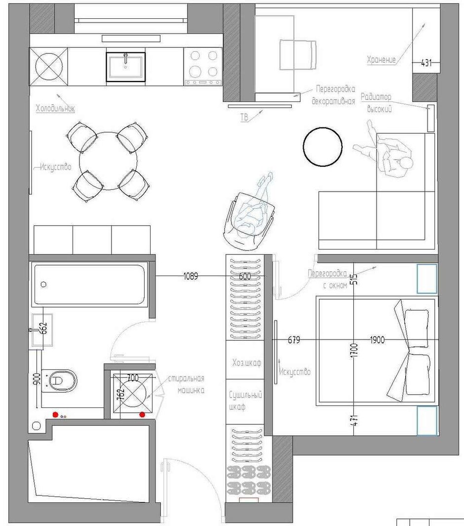 Фотография: Планировки в стиле , Малогабаритная квартира, Квартира, Проект недели, Монолитный дом, 2 комнаты, 40-60 метров, Москав – фото на INMYROOM