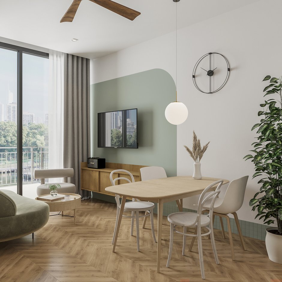 Стены будут окрашены краской Derufa, ее матовая поверхность приводит в восторг. Паркетная доска и шестигранный керамогранит — для отделки пола. А также настоящий советский стеклоблок — совместили элементы теплого авангарда и постмодерна с современной минималистичной формой напольных шестигранников в пэчворк-принте.