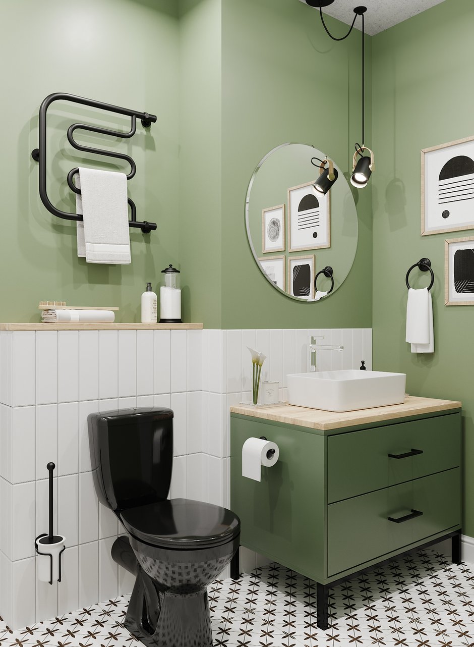 Фотография: Ванная в стиле Скандинавский, Кухня и столовая, Спальня, Квартира, Проект недели, Зеленый, Желтый, Серый, 1 комната, до 40 метров, ПРЕМИЯ INMYROOM – фото на INMYROOM