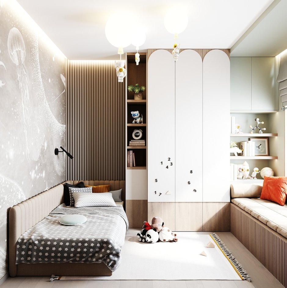 Мебель в комнате разной глубины и ширины, но за счет гармоничного цветового сочетания она не кажется громоздкой и выглядит очень гармонично.