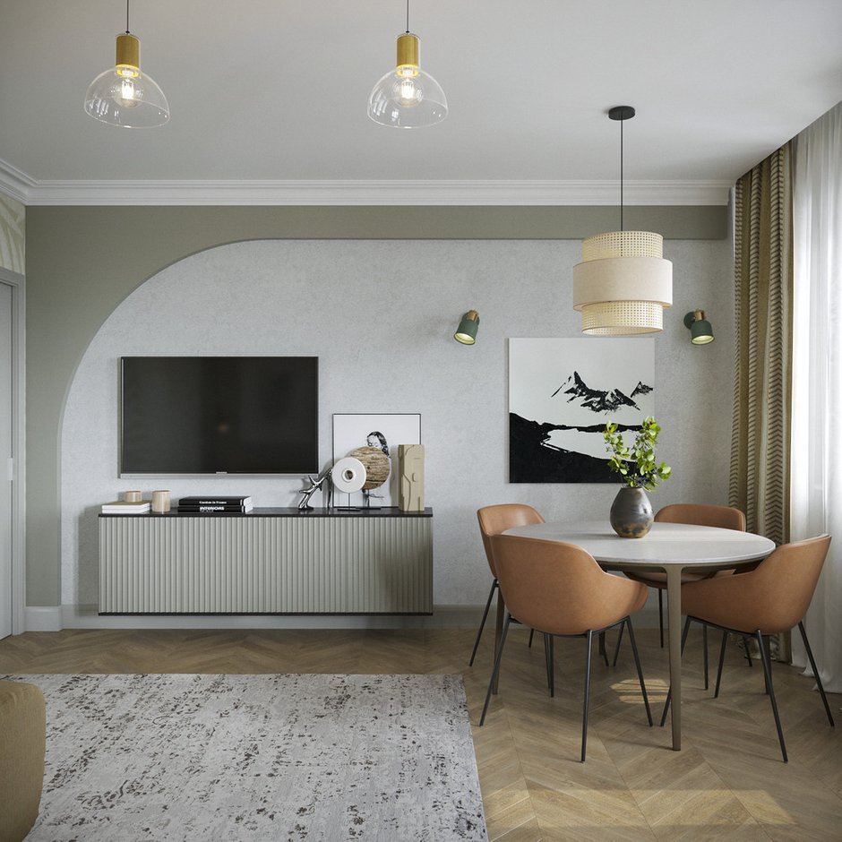 Оформление стены за ТВ продолжает тему арки и делает поверхности интереснее.