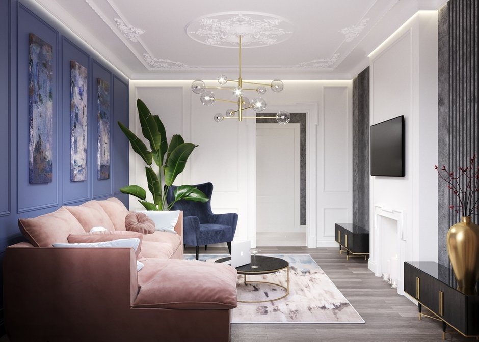 Фотография: Гостиная в стиле Современный, Кухня и столовая, Классический, Квартира, Планировки, Декор, Проект недели, Синий, Серый, Розовый, Голубой, 2 комнаты, 40-60 метров – фото на INMYROOM