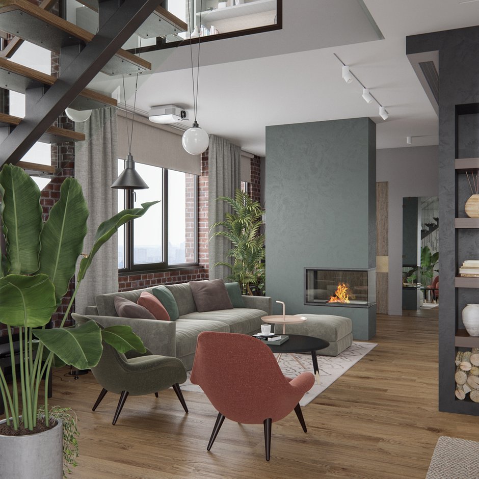 Фотография: Гостиная в стиле Лофт, Квартира, Проект недели, Москва, Айя Лисова, Монолитный дом, 4 и больше, Более 90 метров, ЖК «Рассвет», Aiya Design – фото на INMYROOM