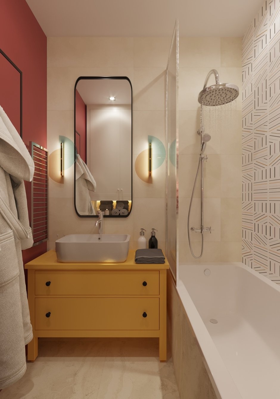 Для ванной выбрали несколько видов плитки светлых оттенков и яркую краску. Тумба под раковину желтого цвета поднимает настроение.