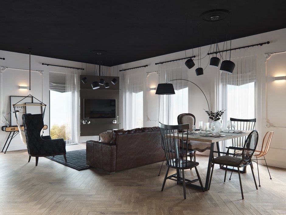 Фотография: Гостиная в стиле Лофт, Эклектика, Квартира, Минимализм, Проект дня, Черный, Подмосковье, дерево в интерьере, инженерная доска, черный потолок в интерьере, 2 комнаты, 60-90 метров, Монолитно-кирпичный, Анна Сухая, коттеджный поселок Западная Долина – фото на INMYROOM