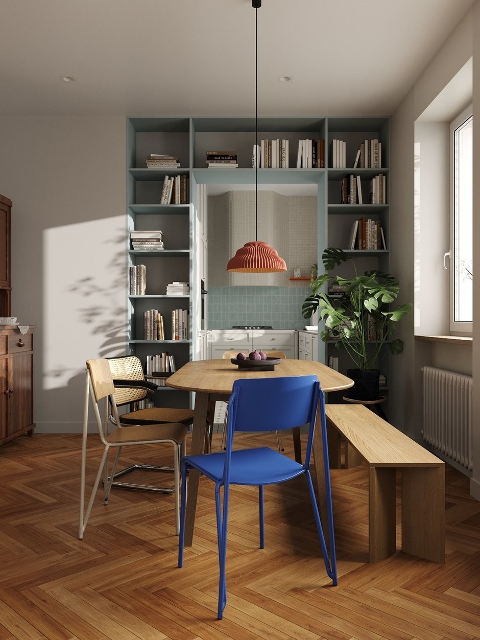 Вот микс винтажных стульев: Cesca из ротанга, не менее знаменитый стул JACOBSEN SERIES 7. Еще есть стул Petit от датского бренда Hay в ультрамариновом цвете.