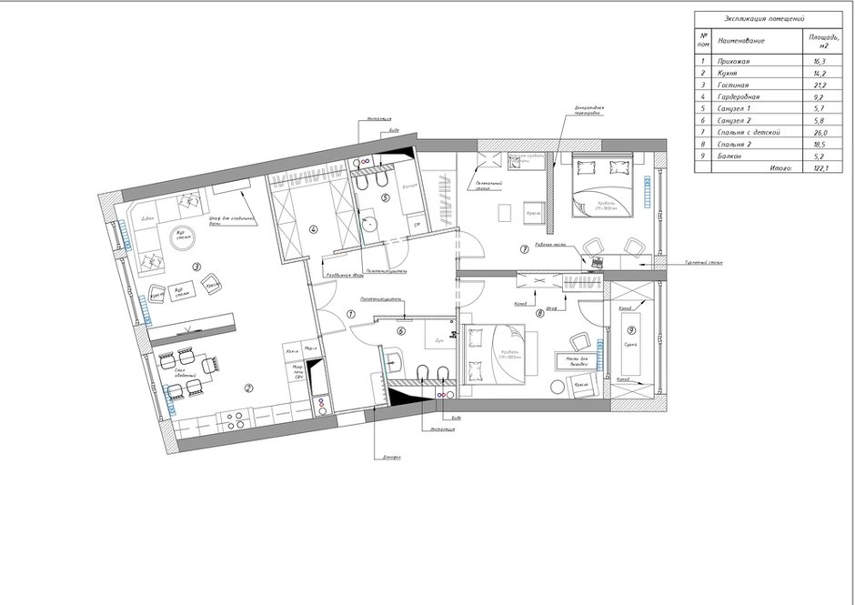 Часть гостиной заняла гардеробная. Также увеличили ванную комнату за счет коридора, стараясь «выпрямить» неправильные углы изначальной планировки.