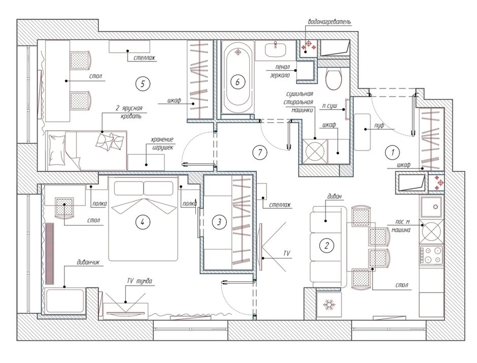 Фотография: Планировки в стиле , Скандинавский, Современный, Квартира, Проект дня, Москва, 3 комнаты, 40-60 метров, 60-90 метров, Вера Шеверденок, Roomba Interior – фото на INMYROOM