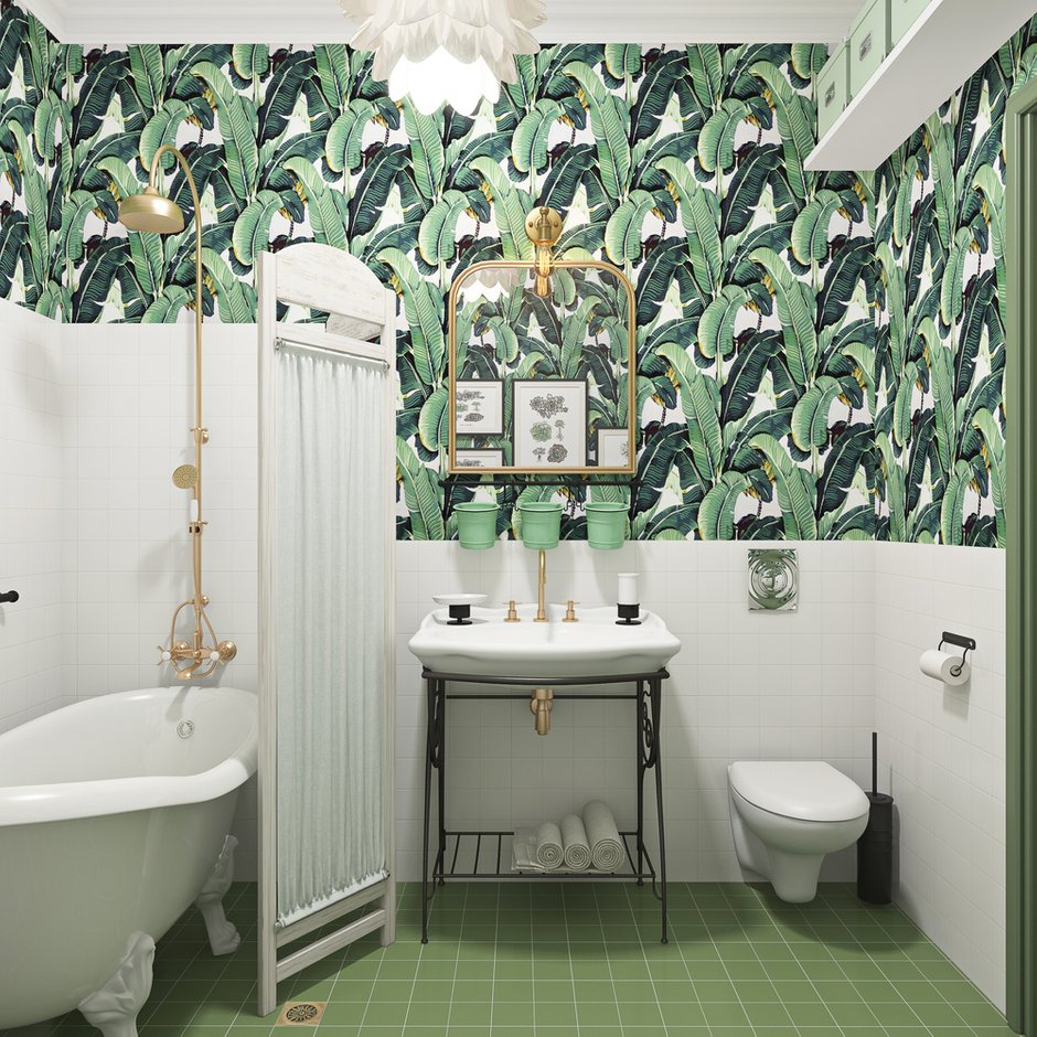 Фотография:  в стиле , Ванная, Белый, Проект недели, Зеленый, ИКЕА, Nicolazzi, Loft Design, Анна Веретенникова, Нижний Новгород, Volevatch, Martinique "A" Wallpaper, Роман Вескер, объединение ванны и санузла, как оформить маленький санузел, Imola Ceramica Tint, как объединить ванную и туалет, как оформить маленькую ванную, интерьер маленькой ванной, дизайн маленького санузла – фото на INMYROOM
