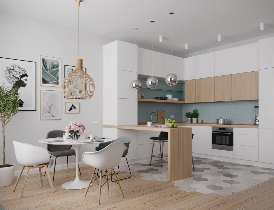 Фотография: Кухня и столовая в стиле Современный, Скандинавский, Квартира, Проект дня, Москва, Монолитный дом, 3 комнаты, Более 90 метров, Юлия Кандыбей, ЖК «Дом на Мосфильмовской» – фото на INMYROOM