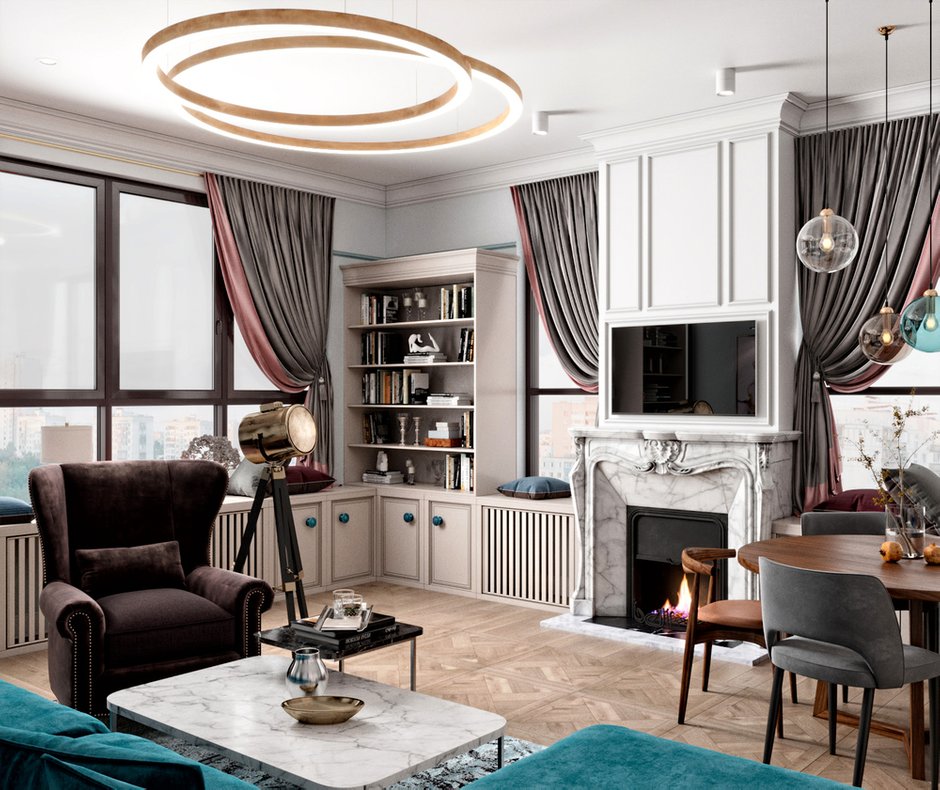 Фотография: Гостиная в стиле Эклектика, Классический, Современный, Квартира, Проект недели, Москва, Татьяна Безверхая, 4 и больше, Более 90 метров, Монолитно-кирпичный – фото на INMYROOM